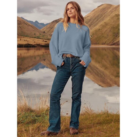 Women's Oversized Sweater Fuzzy Lake Blue Long Sleeve Casual Chunky Pullover - Picture 7 of 8